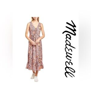 MADEWELL Lace Up Size 6 Ruffle Hem Bloom Midi Sleeveless Neutral summer dress